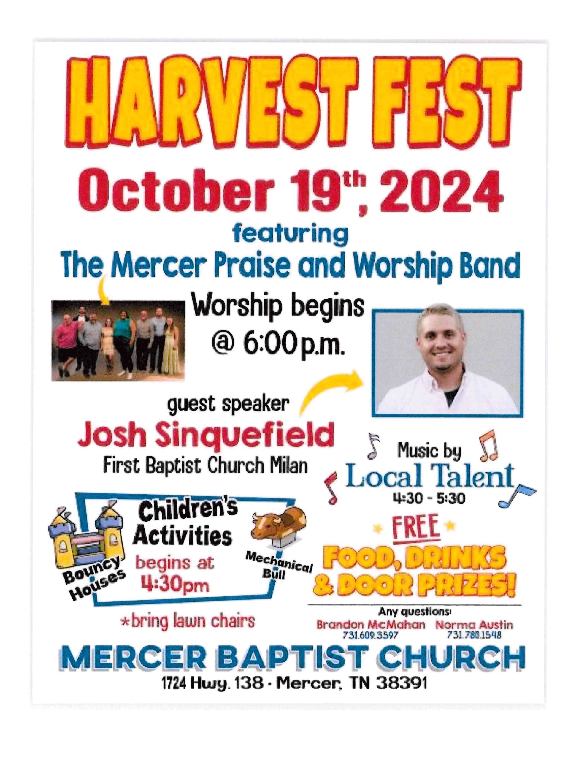 Read more about the article Harvest Fest: October 19, 2024 at Mercer Baptist Church, Mercer with children’s activities starting at 4:30 p.m. and worship begins at 6:00 p.m.