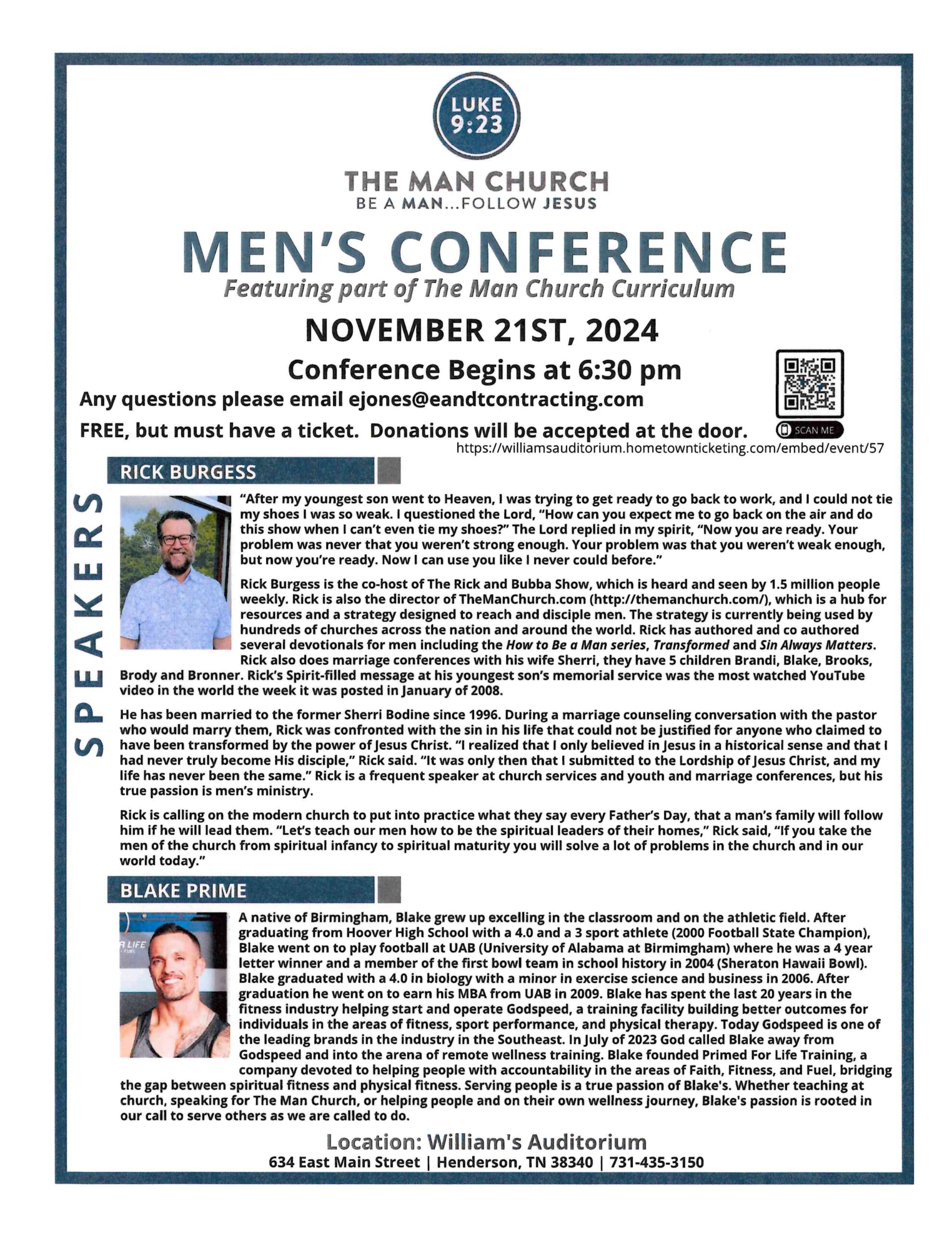 Read more about the article November 21: The Man Church Men’s Conference at Williams’ Auditorium, Henderson beginning at 6:30 p.m.